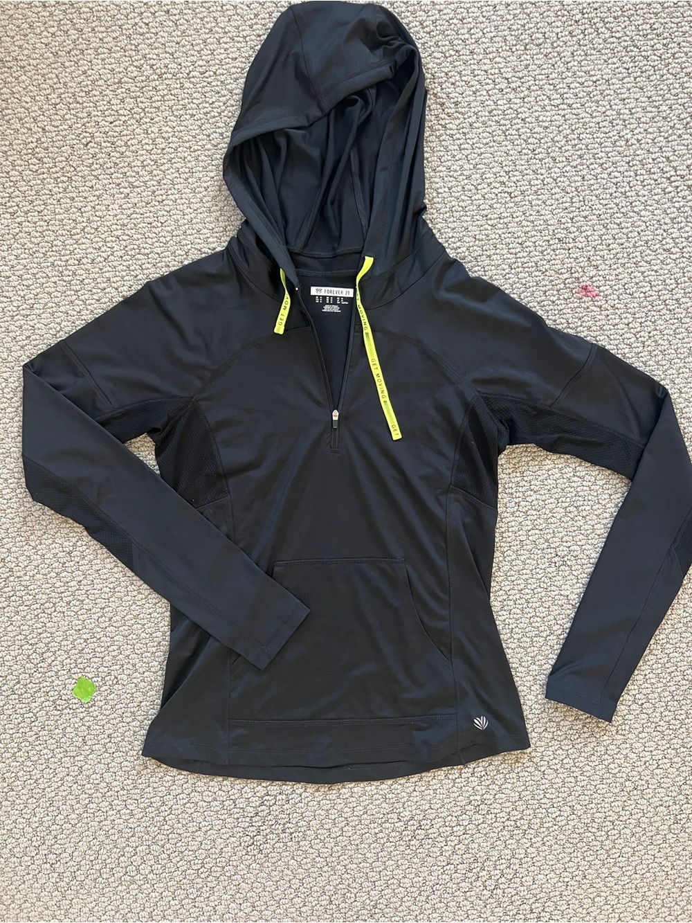 F21 Black Half Zip Tall Running Top with Neon, Pockets & Hood size medium